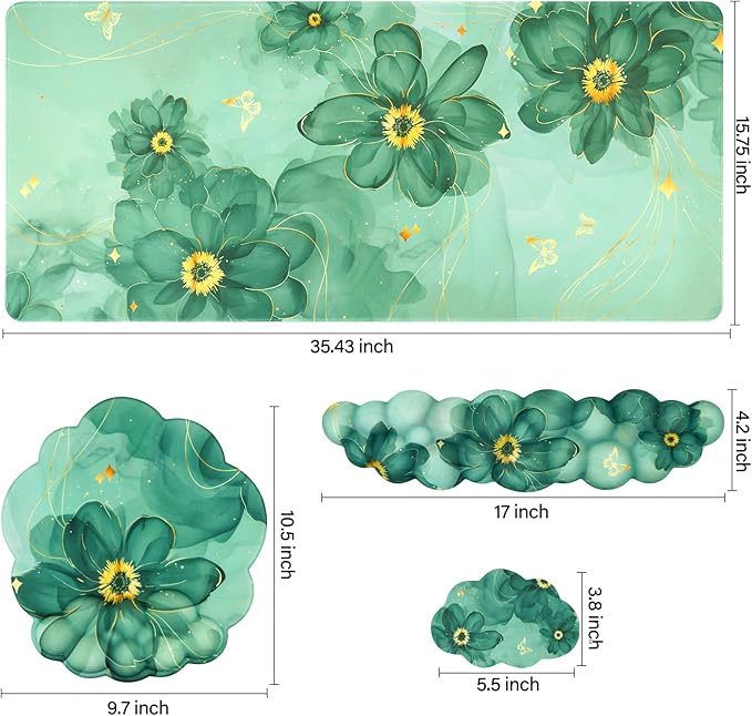 Conmputer Desk Mat Set 4 in 1 Cloud-Shaped Ergonomic Wrist Rest Set Mouse Pad with Non-Slip Base Memory Foam Silicone Lining Keyboard Wrist Rest Computers Offices GamingDark Green Stained Petal