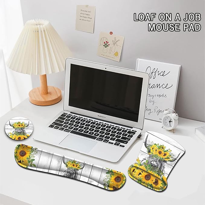 Wireless Mouse Pad with Wrist Support Ergonomic Gel Mouse Pad Soft Memory Foam Keyboard Wrist Pad for Office Typing Desk Pad Cute Highland Cow and Sunflowers White MousePads