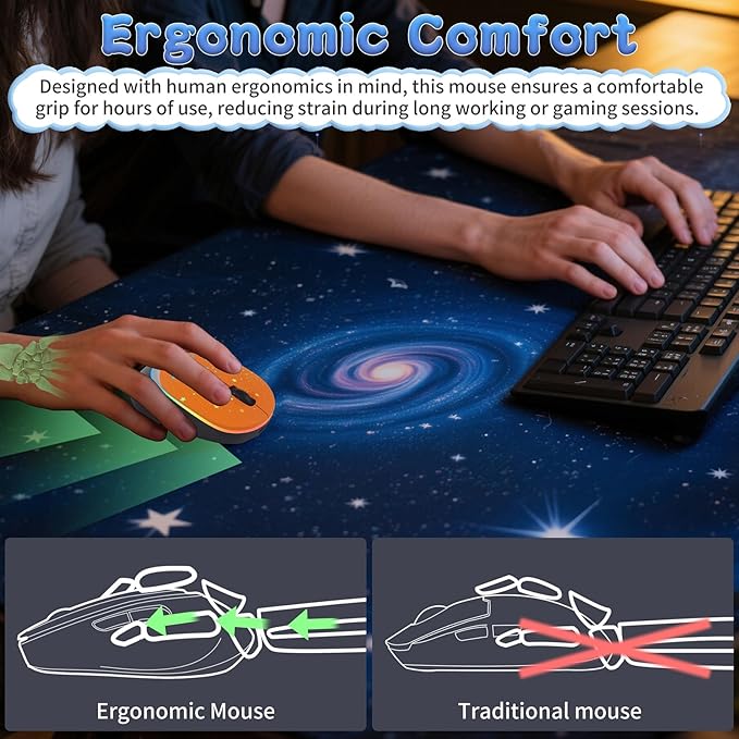 elec Space Bluetooth Wireless Mouse with Starry Sky RGB Backlight - Ergonomic Dual Mode Rechargeable Mouse Type-C Charging - Perfect for Office Gaming &amp Travel (Orange)