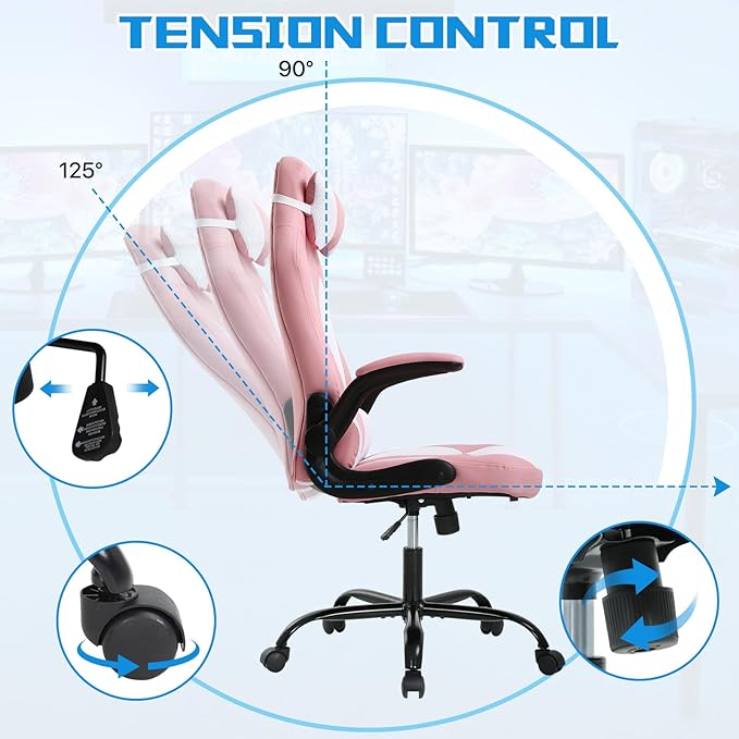 PC Gaming Chair Ergonomic Office Chair Computer Desk Chair with Armrests Headrest and Lumbar Support PU Leather Taipan High Back Home Computer Chair (Pink)