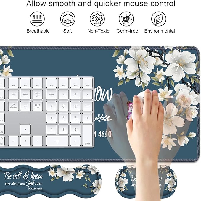 4 in 1 Ergonomic Keyboard Wrist Rest &amp Mouse Pad Wrist Rest SetLarge XXL Gaming Desk Mat 31.5x 11.8 with Non-Slip BaseMemory Foam for Home Office Study GamingFloral Quote Bible Verse Psalm 46