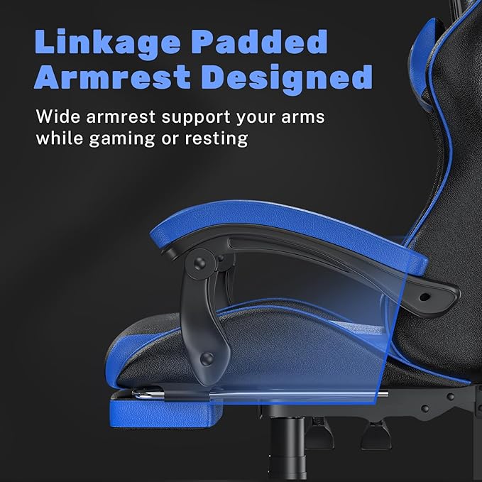 Gaming Chair with Footrest High Back Ergonomic Computer Gamer Chair with Headrest and Lumbar Support Racing Style Reclining Game Chair for Adults Kids (Blue-Black)