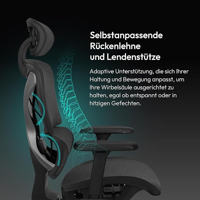 ThunderX3 XTC Ergonomic Office Chair for Adults Gaming Chair High Back Desk Chair Synchronous Tilt Self-Adjusting Lumbar Support and Backrest Adjustable Headrest Fabric Loft Dark Grey