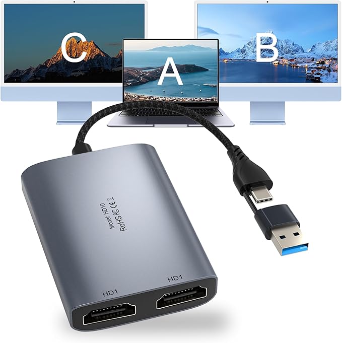 USB C to Dual HDMI Adapter 1080P 60Hz Multi-Monitor Splitter for MacBook/PC/Laptop - USB-A/USB-C to 2 HDMI Ports Aluminum Docking Station Audio Sync Windows/macOS Software Control MST