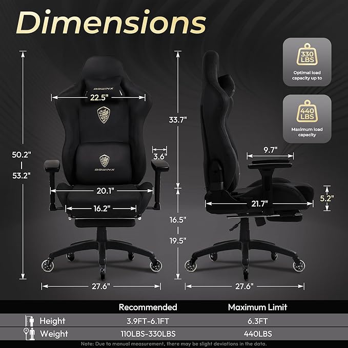 Dowinx Big and Tall Gaming Chair with Suede Fabric Breathable Game Chairs for Adults with Oversized Thick Seat for 440lbs Ergonomic Gamer Chair for Streaming &amp Long Gaming Sessions Black
