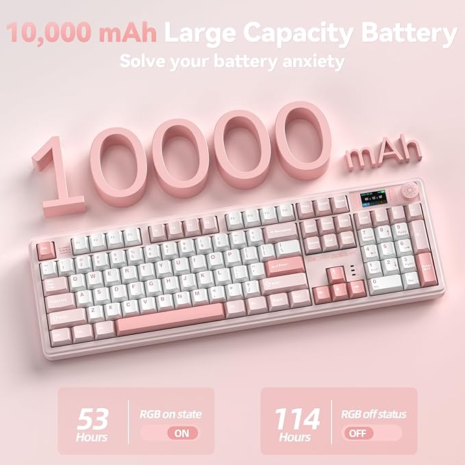LINGBAO K108 Pro Wireless Mechanical Keyboard with Screen &amp Knob Full Size Creamy Keyboard with Number Pad 10000mAh Battery PBT Keycaps RGB Backlit Hot-swappable Pink Gaming Keyboard for PC/M