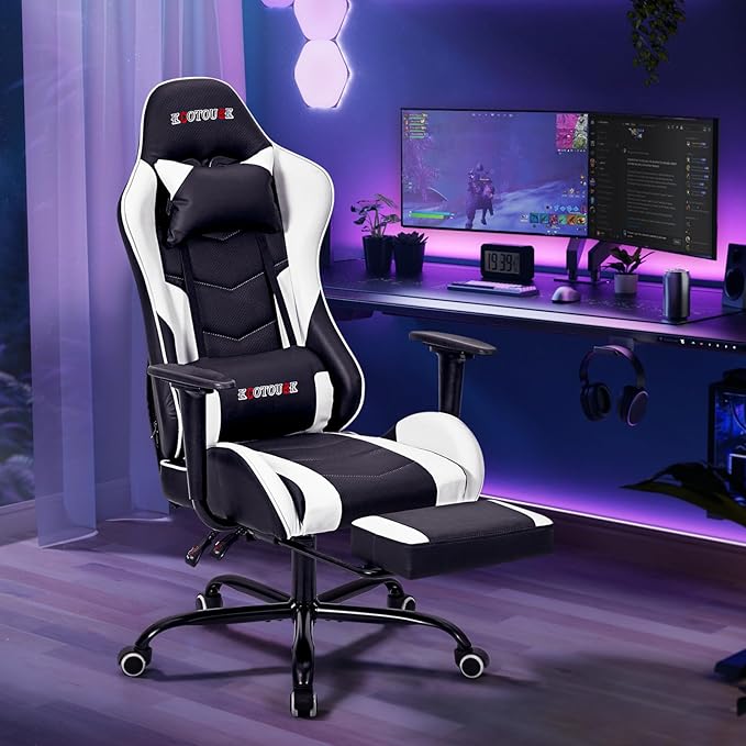 ECOTOUGE PC Massage Gaming Chair with Footrest Ergonomic Office Desk Chair Racing PU Leather Recliner Swivel Rocker with Headrest and Lumbar PillowWhite
