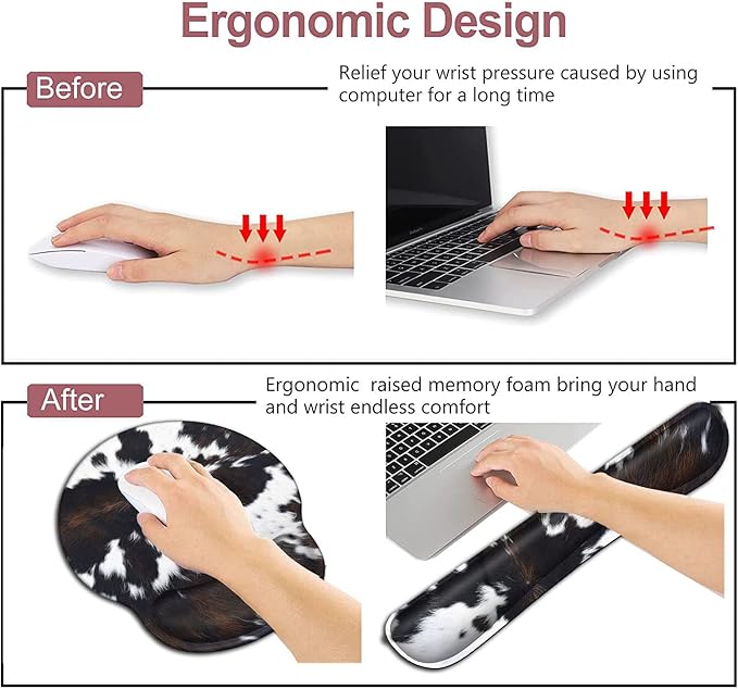BROWN COW Ergonomic Mouse Pad and Keyboard Wrist Rest - Easy Typing Pain Relief Memory Foam Cute Cowhide Design