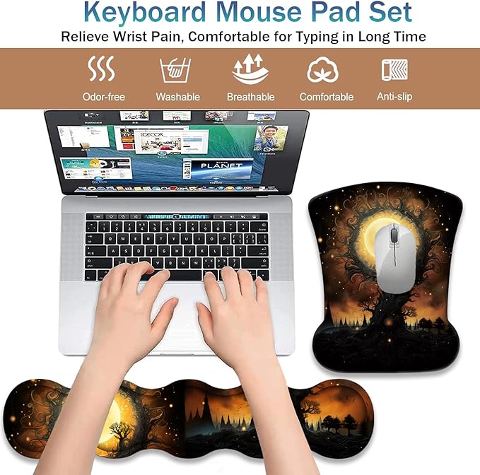 Ergonomic Keyboard Wrist Support Pad and Wrist Support Mouse Pad Anti-Slip with Gel Memory Mouse Pad Set Suitable for Office Use/Home Use - Gothic Moon Sun