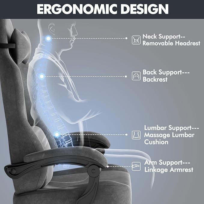 Soontrans Dark Grey Velvet Fabric Gaming Chairs with Footrest Ergonomic Comfortable Video Gamer Chair Reclining Office Computer Desk Game Chairs with Massage Lumbar CushionHeadrest for Adult