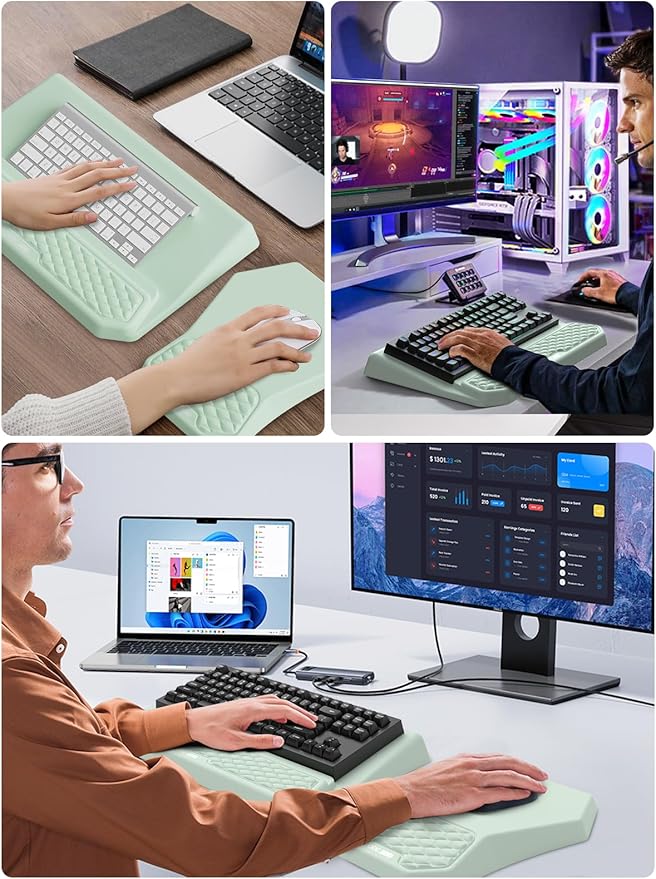 3-in-1 Ergonomic Keyboard Stand with Wrist Rest &amp Mouse Pad Set Comfy Keyboard Riser Holder Soft Mousepad with Massage Design Memory Foam and Non-Slip PU Base for Pain Relief Light Green