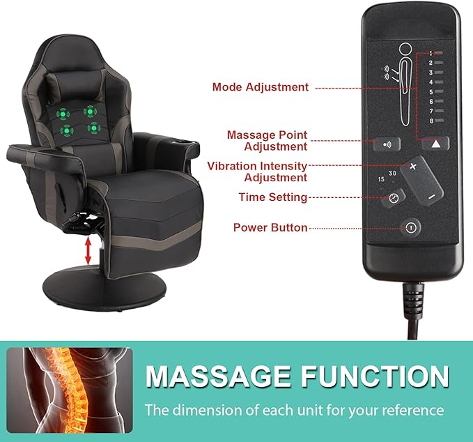 LVUYOYO Reclining Gaming Chair Gaming Chair with Footrest and Massage High Back PU Leather Gaming Recliner w/Adjustable Height Swivel Game Chair with Lumbar Support Cup Holder Headrest