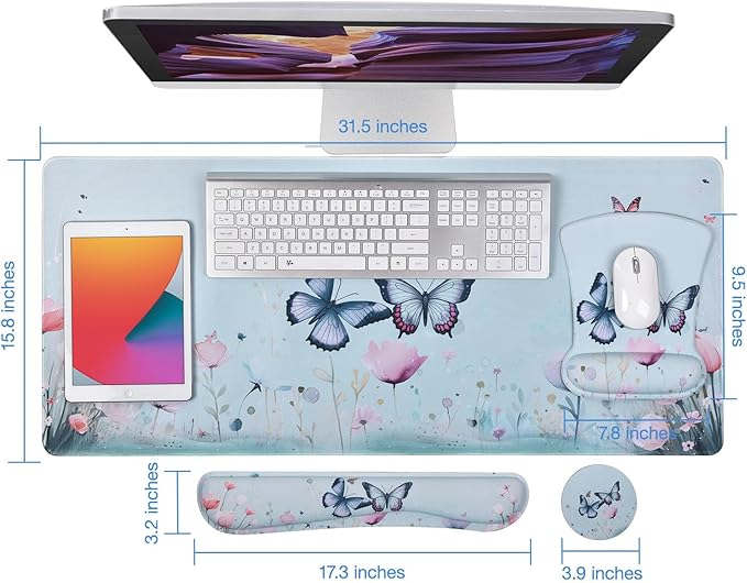 MEGREZ 4-in-1 Ergonomic Memory Foam Wrist Rest Set Desk Pad Mouse Pad with Wrist Rest Keyboard Pad Suitable for Office Workers Programmers &amp Gamers–Relieve Typing &amp Gaming Fatigue