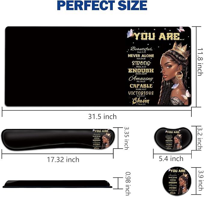Large Mouse Pad + Keyboard Wrist Rest Set Extended Gaming Mousepad (31.5X11.8 inch) Ergonomics Memory Foam Mouse Wrist Rest Support African Americans Women with Butterflies Black XXL Desk Pad