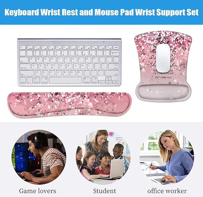 Keyboard Wrist Rest and Mouse Wrist Rest Pad Set with Coasters Ergonomic Support Non-Slip PU Base Easy Typing &amp Relieve Wrist Pain for Home Office Working Studying Pink Bible Verse Proverbs 31