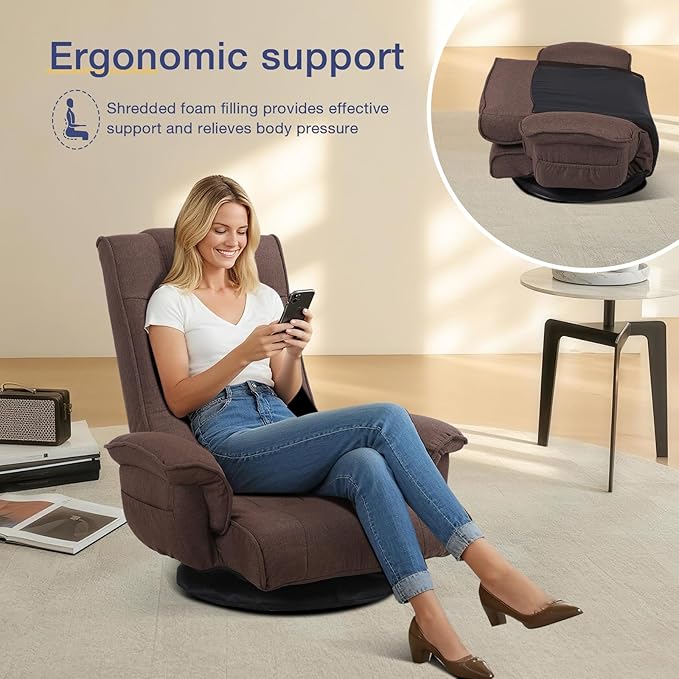 Linen Fabric Ergonomic Gaming Chair 6-Position Reclining Sofa Bed with Lumbar Support Foldable Floor Lounger with Thick Cushion Armrests &amp Side Pockets for Esports Reading Napping (Brown)