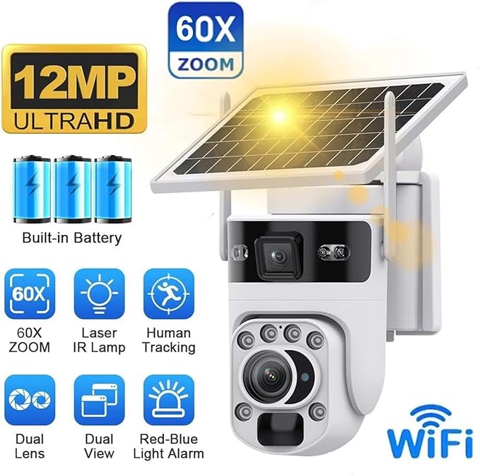 4K 60X Optical Zoom 4G Solar Camera Dual Screen Outdoor WiFi PTZ PIR Detection Human Auto Tracking CCTV Cameras(White 60X WiFi 32GB)