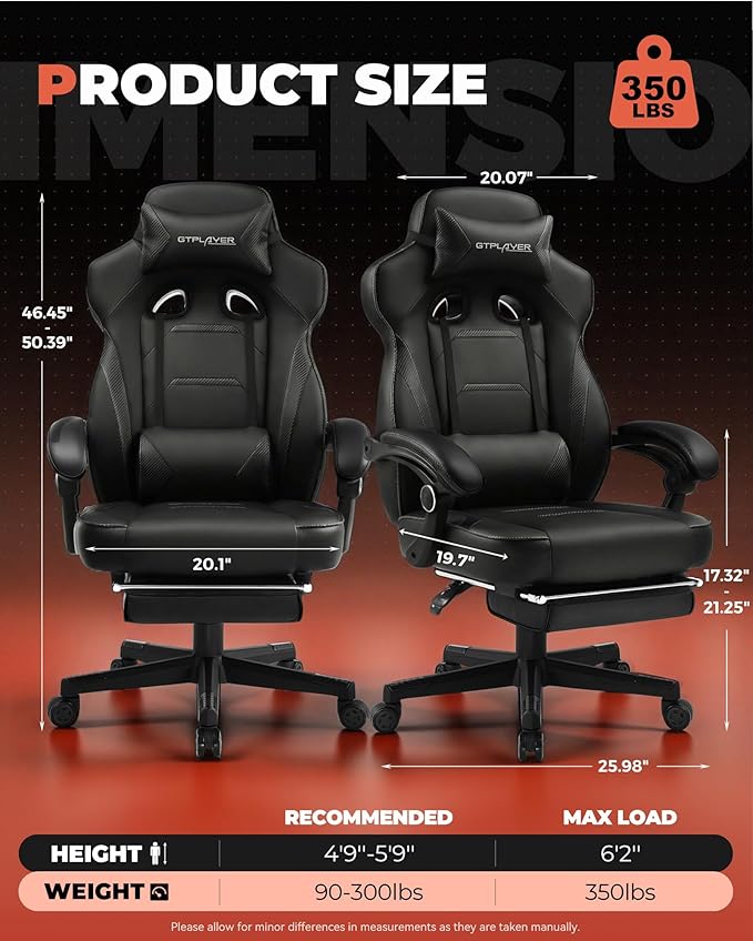 GTPLAYER Gaming Chair with Footrest Big and Tall Game Chair 350lb Racing Style Computer Chair Ergonomic Executive Office Chair High Back with Lumbar Support and Recliner Black
