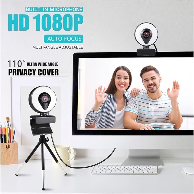 Web Camera Webcam 4K 2K 1080P with Microphone Auto Focus Web Camera 3 Grades Ring Light Beautify Lighting Video for Live Broadcast Web Cam for Gaming Video Calling Recording (Color : 1080P)