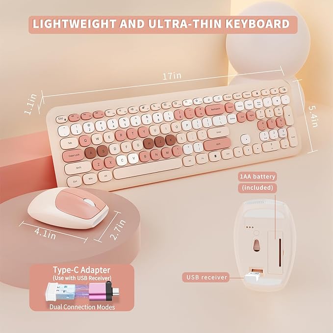 Wireless Keyboard and Mouse Combo Colorful Ergonomic Full Size Retro Low-Noise Keyboard with Cute keycaps Compatible with Windows PC Perfer for Home and Office Keyboards (Brown)