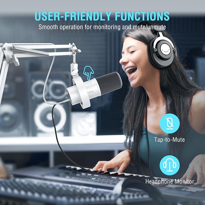 FIFINE XLR Dynamic Microphone with Boom Arm Kit for Vocal Recording Studio Podcast Mic Bundle with Metal Arm Stand Tap-to-Mute 3.5mm Headphone Jack for Streaming Music Creation (K688W+CS1W)