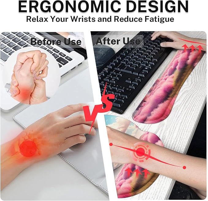 Britimes Dreamy Clouds Pink Plants Keyboard Mouse Pad Set 4in1 Large Mousepad+Keyboard Wrist Rest+Mouse Wrist Rest+Coaster Set with Ergonomic Design for Home Office Computer 35.4x15.7 inches