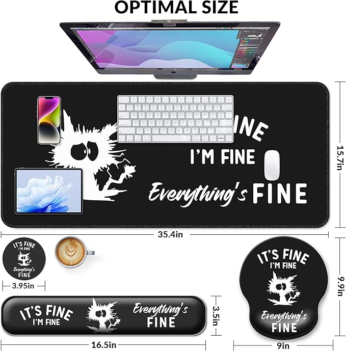 Desk Mat Set + Keyboard and Mouse Pad with Wrist Rest Support4-in-1 Large Mousepad Computer Mats for Desktop Home &amp Office-It's fine I'm fine Everything is fine