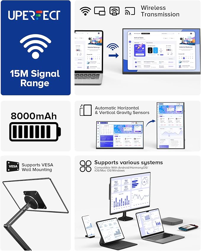 UPERFECT Wireless Portable Monitor with Battery 8000mAh 15.6 1080P FHD Ultra Slim Travel Monitor with Stand/VESA/Sleeve External Second Screen for Laptop PC Phone Support AirPlay Miracast