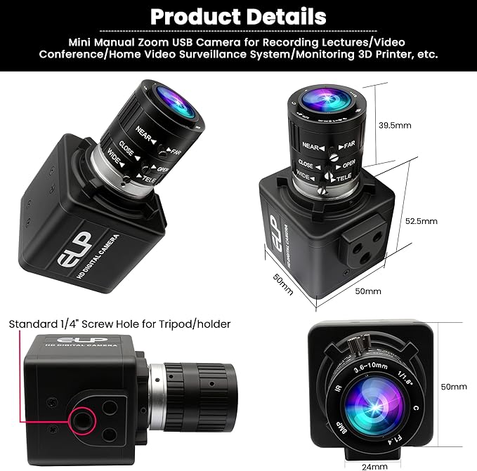ELP 12mp USB Camera Manual Zoom Webcam for Computer 1080P 120fps Variable Focus Lightburn Camera High Speed 3.6-10mm 3X Zoom USB2.0 PC Cam Varifocal USB Security Webcamera for Video Conference