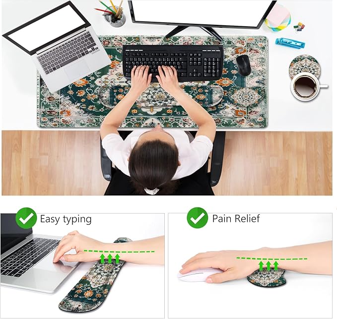 AIMSA Desk Mat Set Large Mouse Pad + Mouse Wrist Rest + Keyboard Wrist Support + Coaster 4in1 Rug Gaming Mouse Pad Combo for Home Office Retro Boho Art