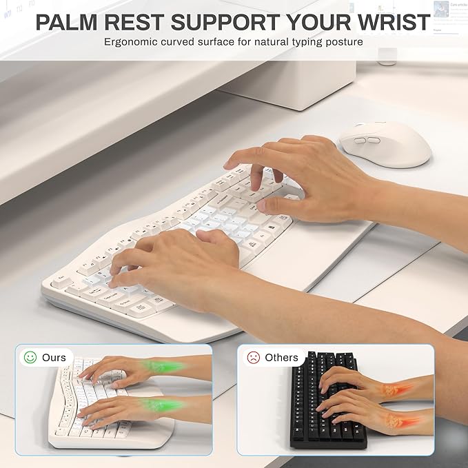 Ergonomic Wireless Keyboard and Mouse Combo Wave Keys Keyboard with Wrist Rest for Natural Typing 3 DPI Adjustable Ergonomic Silent Mouse for Computer/Laptop/Windows/Mac (Latte Color-B)