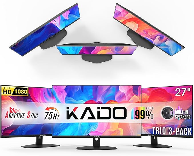 Kado Triple Monitor Setup - 3-Pack 27 1920x1080 Computer Monitor 75Hz VESA Mount HDMI Office Gaming Hybrid Sim Racing Built-in Speakers (E27X Trio Series)