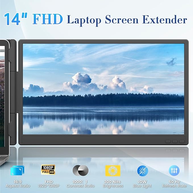 Teamgee 14 Inch Laptop Screen Extender 1080P FHD Laptop Monitor Extender Portable Monitor for Laptops 13-17.3 with USB-C/HDMI Port Plug &amp Play for Windows/Mac/Android/Switch/PS5