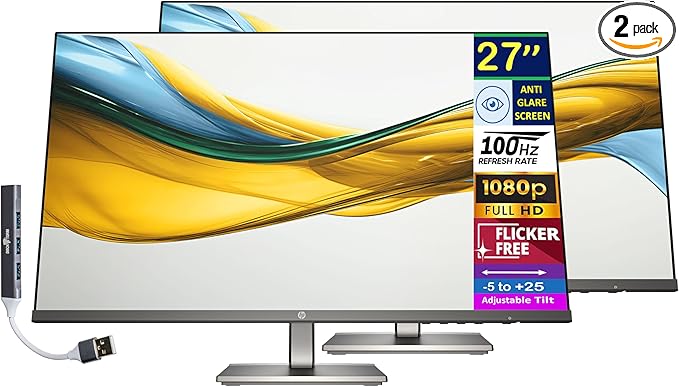 HP Series 5 527da 27 IPS FHD Monitor with 5ms Response Time Anti-Glare Flicker Free 300 nits Brightness VGA HDMI &amp Dockztorm USB Port Expander Black/Metal Gray Color (B11W6AT#ABA) 2 Pack