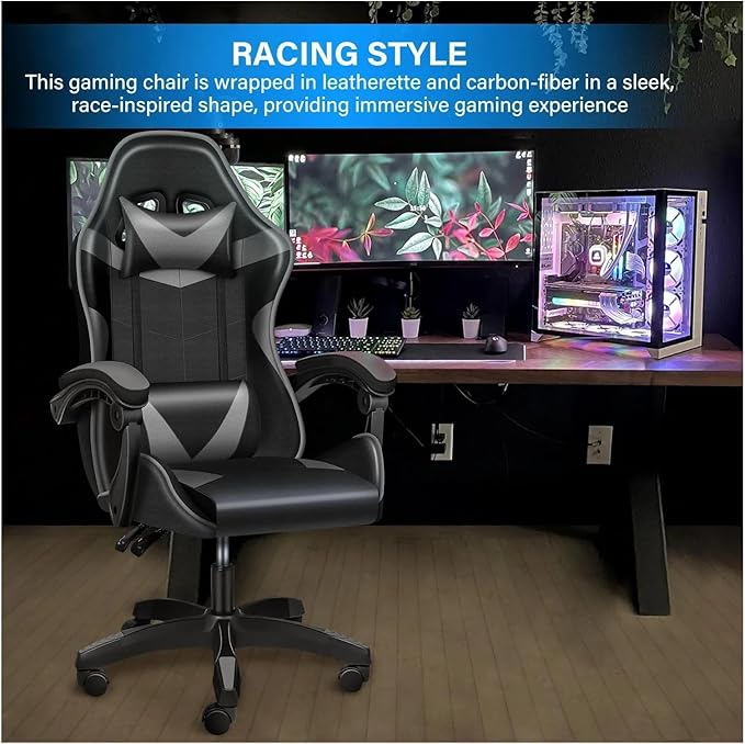 Managerial Chairs Height Adjustable Swivel Recliner Racing Office Computer Ergonomic Video Game Esports Chair W/Headrest&ampLumbar Pillow(Black)