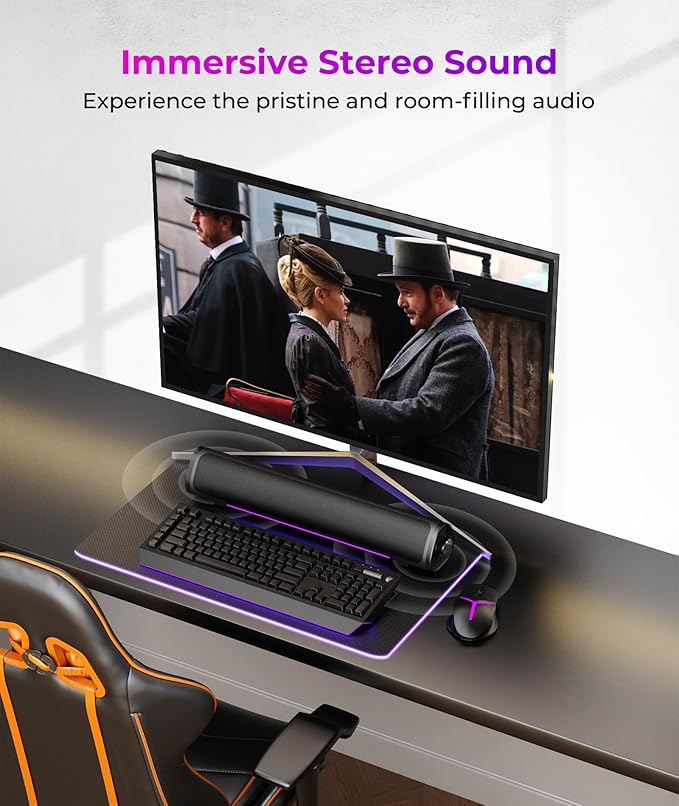 Computer Speakers for Desktop PC Gaming PC Sound Bar Plug and Play - USB Power with 3.5mm Audio RGB Gradient Lighting One-knob Control for Computers/Laptops/Monitors