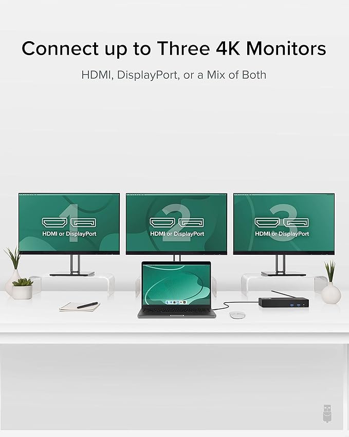 Plugable 12-in-1 USB C Triple Monitor Docking Station Triple 4K Displays with 3X HDMI or 3X DisplayPort Compatible with Mac Windows Thunderbolt USB4 USB-C (100W PD 6X USB Ports Ethernet)
