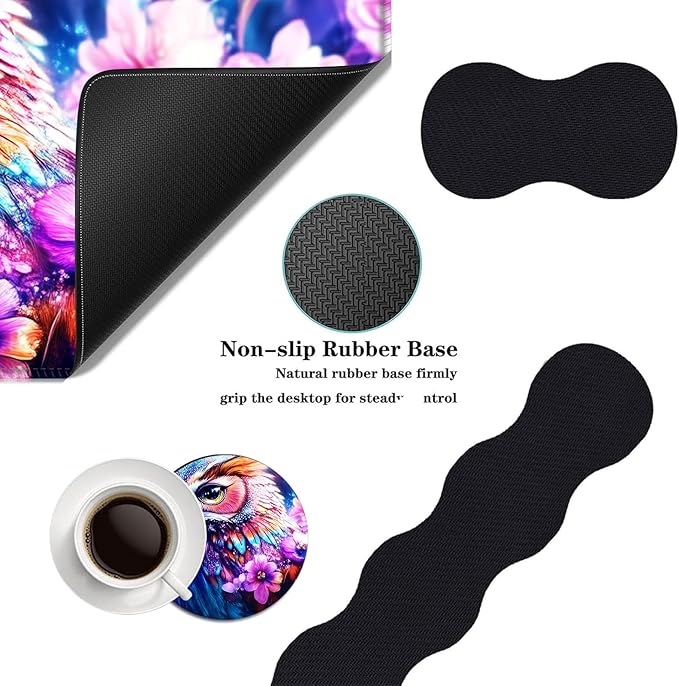 Mouse PadLarge Desk Mat Set 4in1 XL Mousepad + Keyboard Wrist Rest+Mouse Wrist Rest+Coaster with Ergonomic Desk Pad for Home Office Table Computer Cover -Owl Flowers Dragonflies