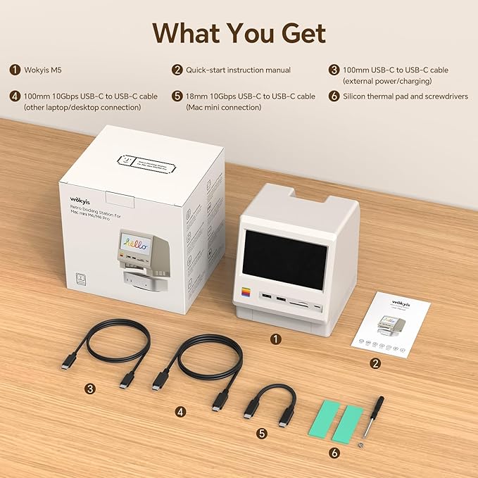 M5 Retro Dock Station for Mac mini M4 5’inch HD Display 10Gbps M.2 NVMe SSD Enclosure SD/Micro SD Reader 4.0 4*USB-A 1*USB-C 10Gbps 3.5mm Earphone Jack