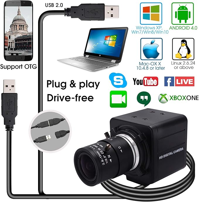 SVPRO USB Camera with Zoom2.8-12mm Varifocal Lens 8MP Manual Focus WebcamHigh Definition USB with Camera for Computer with Sony IMX179 Sensor