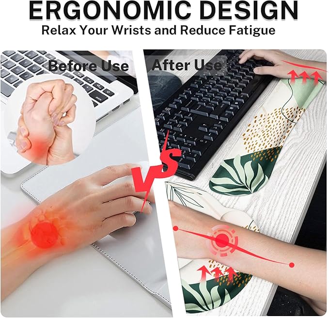 Britimes Green Boho Leaves Keyboard Mouse Pad Set 4in1 Large Mousepad+Keyboard Wrist Rest+Mouse Wrist Rest+Coaster Set with Ergonomic Design for Home Office Computer 35.4x15.7 inches