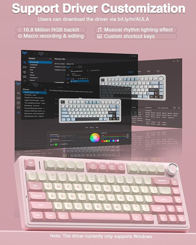 AULA F75 75% Wireless Mechanical Keyboard Hot Swappable Pink Creamy Keyboard Pre-lubed Linear Switches PBT Keycaps 2.4GHz/Type-C/BT5.0 RGB Backlit Computer Gaming Keyboards for Office/Laptop/PC