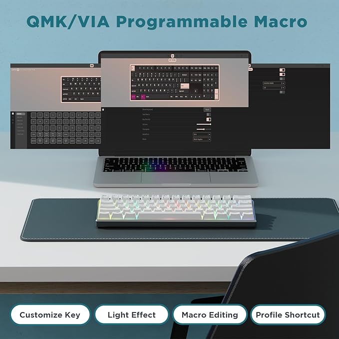 RK ROYAL KLUDGE 60% Mechanical Keyboard RK61 Pro Wired Gaming Keyboard Aluminum Frame Programmable RGB Backlit 61 Keys Ultra-Compact Gateron Brown Switch White