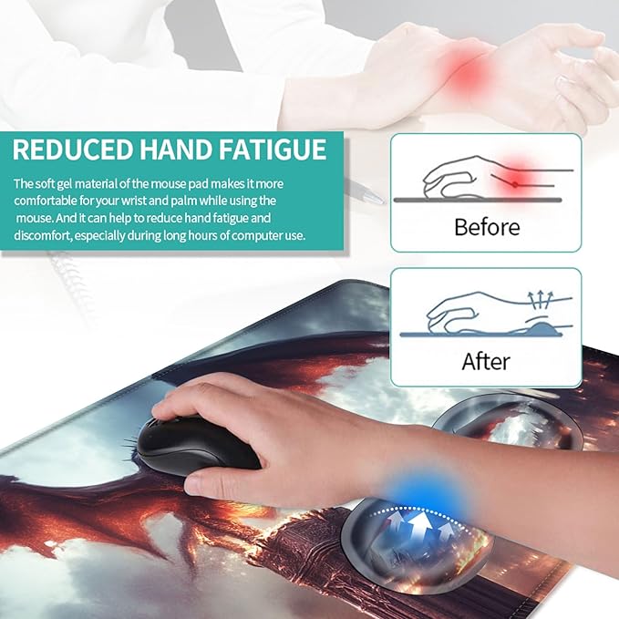 Keyboard Mouse Pad Set Extended Gaming Mouse Pad+Ergonomics Keyboard Wrist Rest Support Memory Foam Easy Typing Pain Relief 4Pcs XL Ultra Thick Desk MatDragon Over Burning Castle