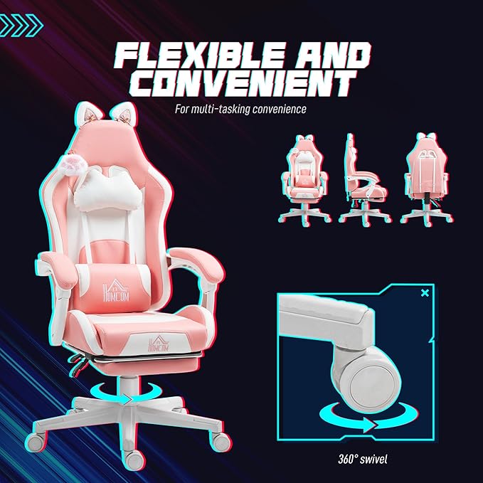 HOMCOM Racing Gaming Chair with Cat Ears Reclining Faux Leather Computer Chair with Footrest Lumbar Support and Headrest Height Adjustable Gamer Chair with Swivel Seat and Wheels Pink