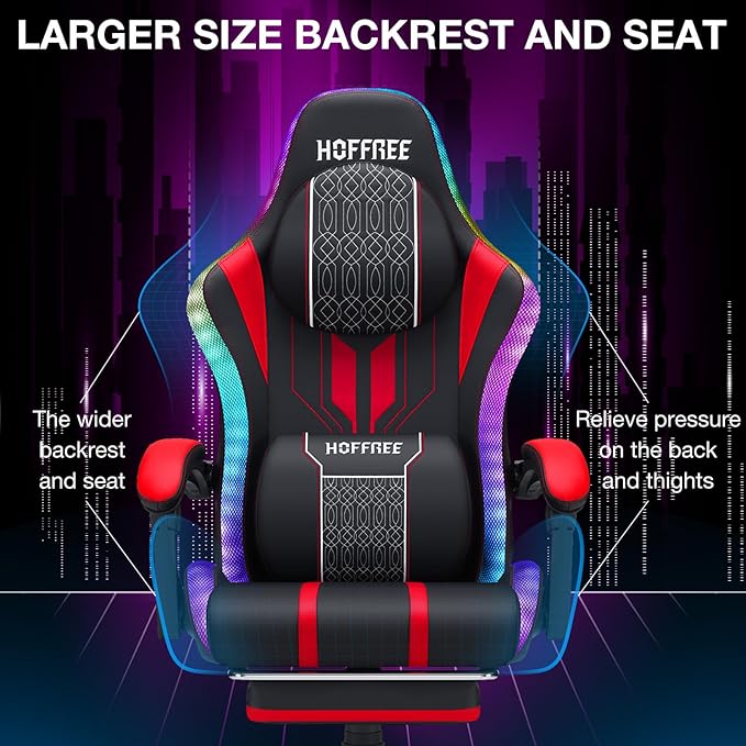 HOFFREE Led Gaming Chair with Speakers and Massage Big and Tall Video Game Chair for 400lbs with Footrest Reclining High Back Computer Chair Red Black