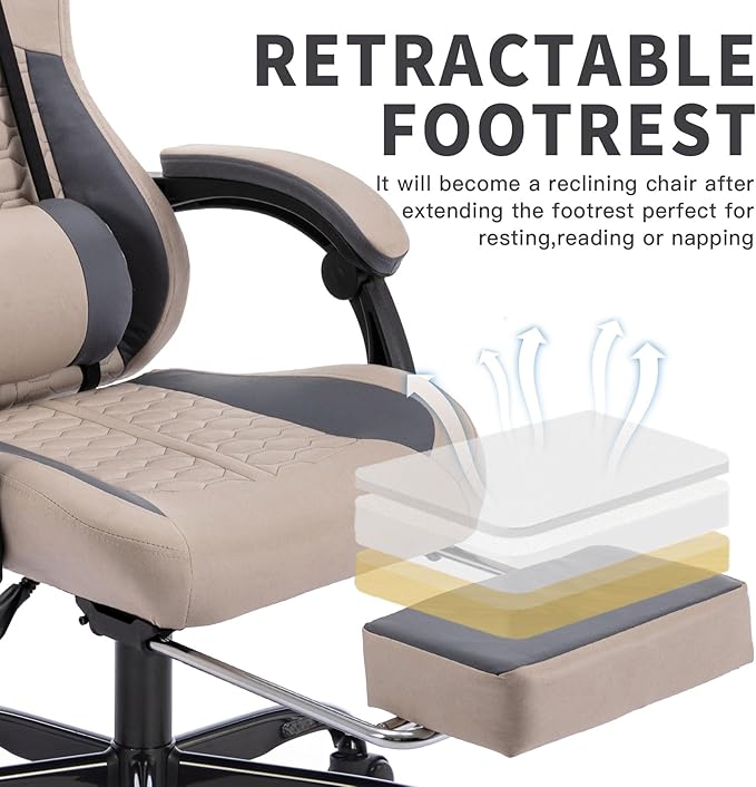 360° Swivel Gaming Chair for Adults with Pull-Out Footrest Ergonomic Video Game Chair with Headrest and Massage Lumbar Support Height Adjustable Computer Chairs for Office or Gaming Khaki