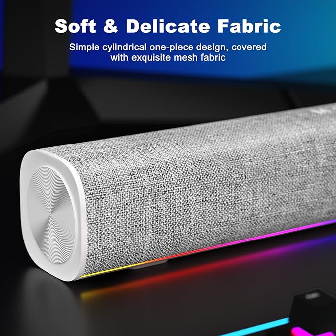SOULION R100 Bluetooth Computer Speakers with Dynamic LED Light USB Plug &amp Play PC Speakers with Switch Button Clearly Sound Soundbar for Desktop Laptop Monitor White (USB-C to USB Adapter Inclu