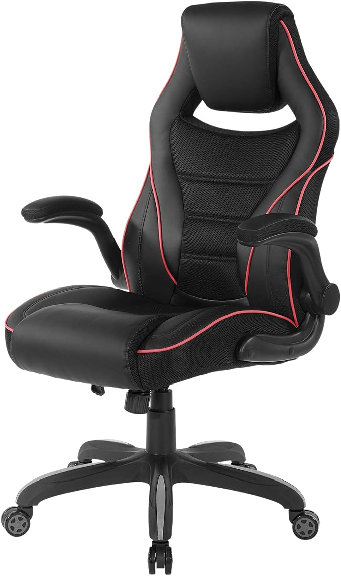 OSP Home Furnishings Xeno Ergonomic Adjustable Faux Leather Gaming Chair with Integrated Headrest and Airflow Cooling Material Black with Red Accents