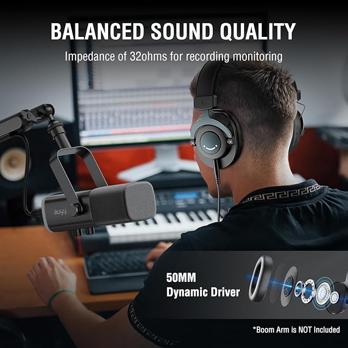 FIFINE XLR/USB Microphone and Studio Monitor Headphones Set Computer Recording Mic with Mute Button RGB Over Ear Wired Headset Pack for YouTube Podcasting Streaming Gaming (AM8+H8)